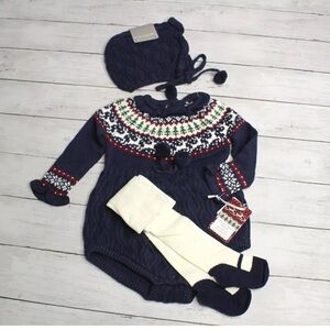 NWT TAHARI 3-PIECE SET FAIR ISLE ROMPER•BONNET•TIGHTS (Holiday Set)•S/3-6 M
